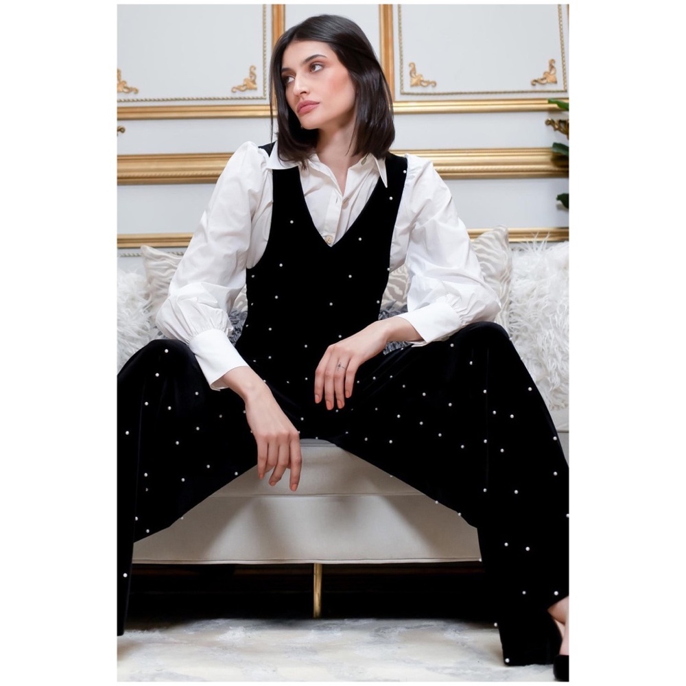 Eva Franco Anthropologie Black Velvet Pearl Wide Leg V Front Sleeveless Jumpsuit - Picture 7 of 9